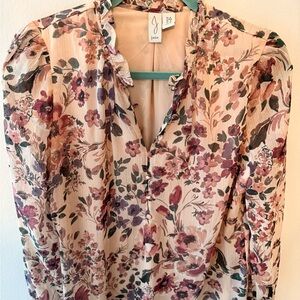 Joie Pink Floral Ruffle-Neck Long Sleeve Blouse
